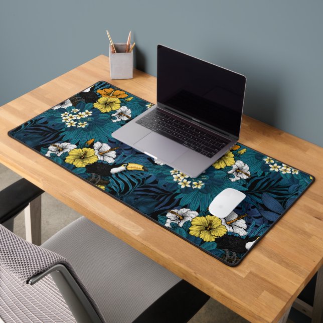 Toucans and tropical flora, blue , yellow , orange desk mat (Office 2)