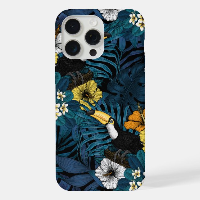 Toucans and tropical flora, blue , yellow , orange iPhone case (Back)