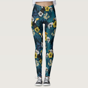 Toucans and tropical flora, blue , yellow , orange leggings