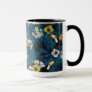 Toucans and tropical flora, blue , yellow , orange mug