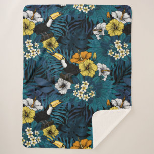 Toucans and tropical flora, blue , yellow , orange sherpa blanket