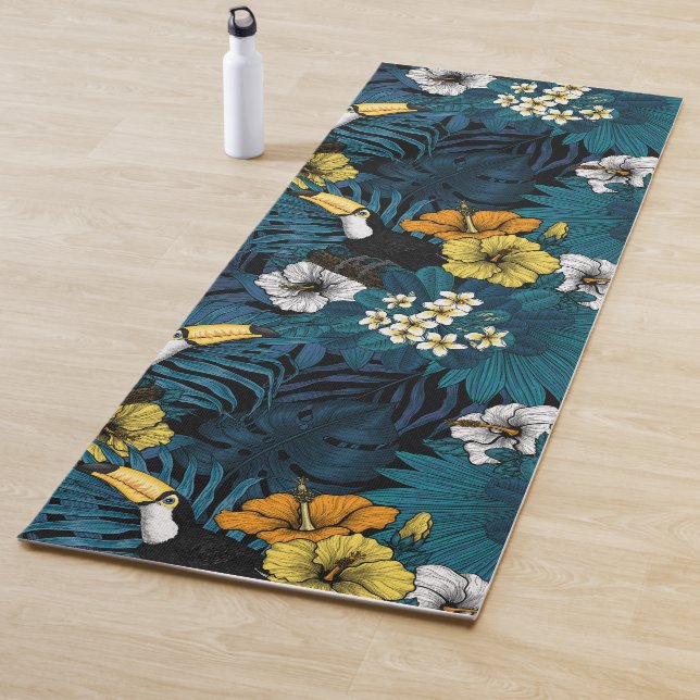 Toucans and tropical flora, blue , yellow , orange yoga mat (In Situ)