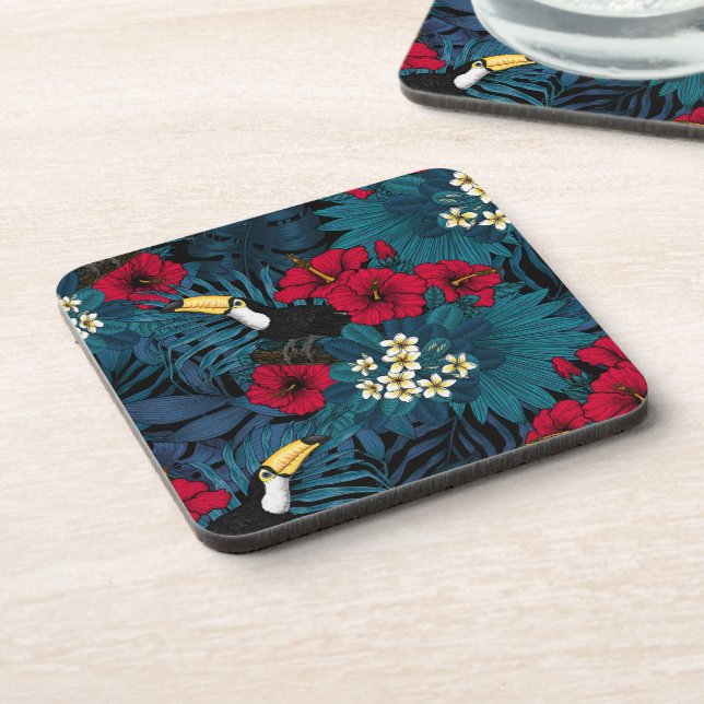 Toucans and tropical flora, green and red coaster (Left Side)