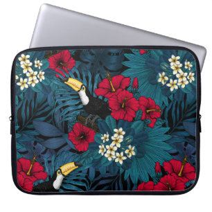 Toucans and tropical flora, green and red laptop sleeve