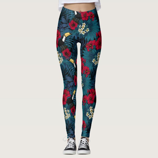 Toucans and tropical flora, green and red leggings (Front)