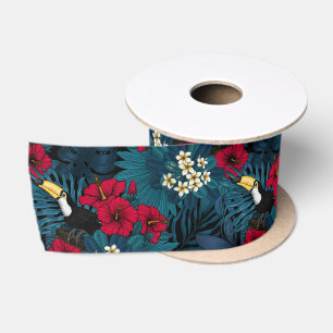 Toucans and tropical flora, green and red satin ribbon
