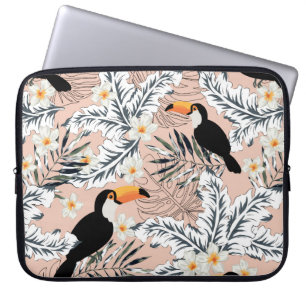 Toucans, graphic palm leaves, plumeria flowers, pa laptop sleeve