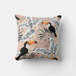 Toucans, graphic palm leaves, plumeria flowers, pa throw pillow