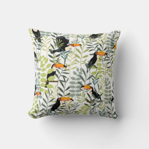 Toucans in green leaves and branches seamless patt throw pillow
