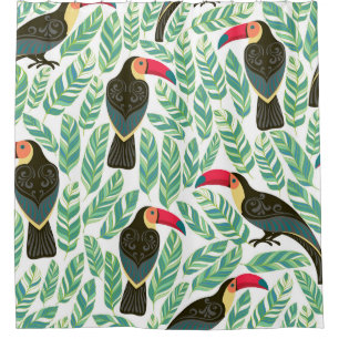 Toucans, tropical leaves, decorative pattern.
