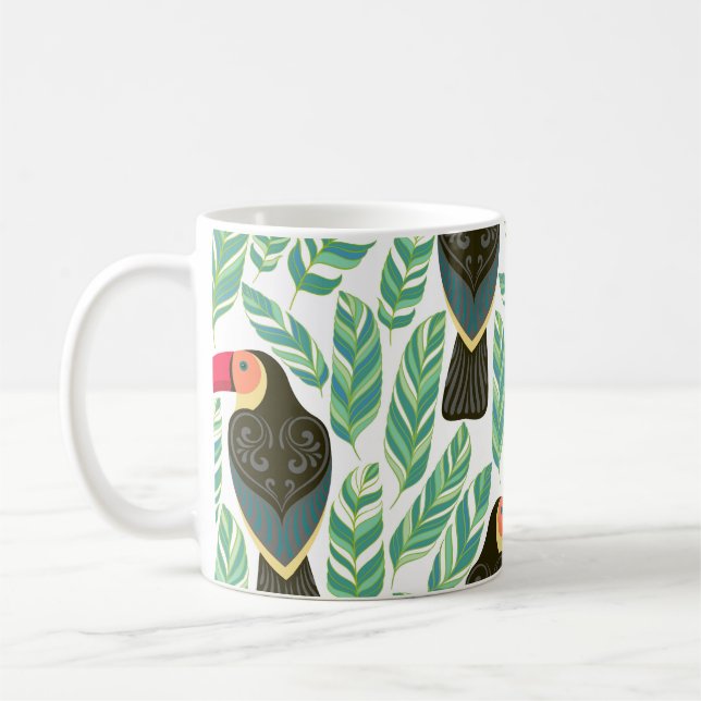 Toucans, tropical leaves, decorative pattern. coffee mug (Left)
