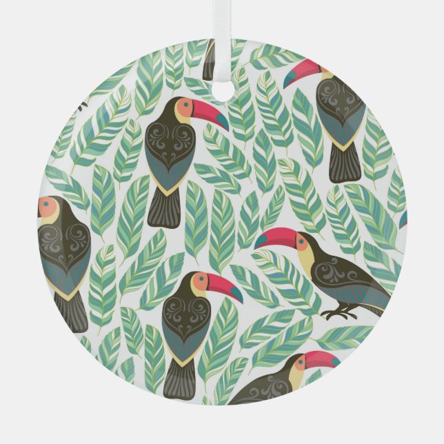 Toucans, tropical leaves, decorative pattern. glass ornament (Front)