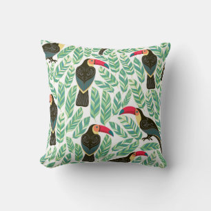 Toucans, tropical leaves, decorative pattern. throw pillow