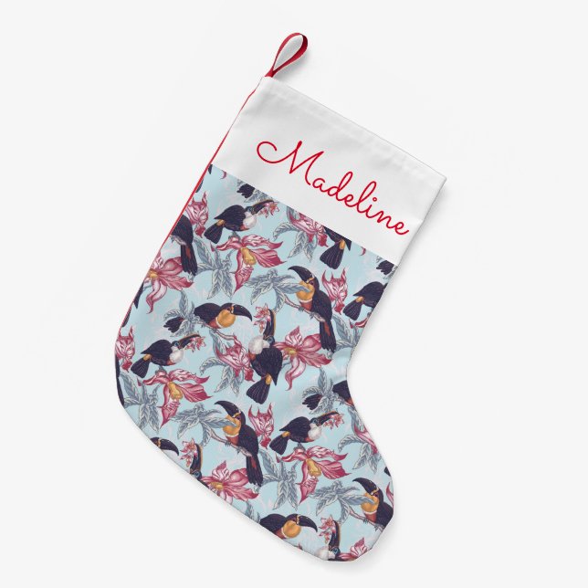 Toucans With Exotic Flowers | Add Your Name Small Christmas Stocking (Front (Hanging))