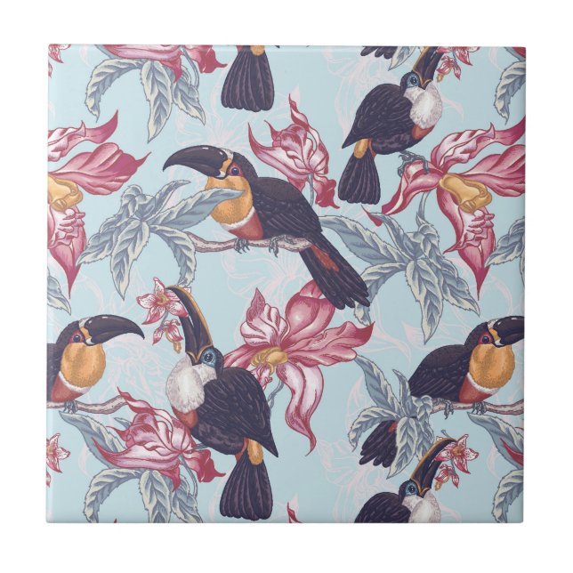 Toucans With Exotic Flowers Tile (Front)
