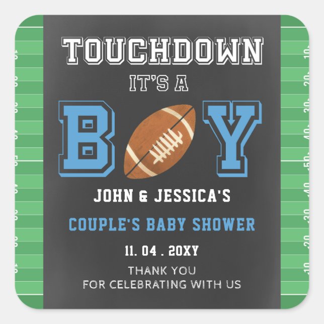Touch Down Its a Boy Football Baby Shower Party Square Sticker (Front)
