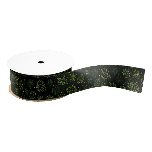 Touch of Elegance Green Leaves on Black  Grosgrain Ribbon (Spool)
