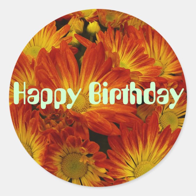 Touch of Fall, Happy Birthday, orange mums Classic Round Sticker (Front)