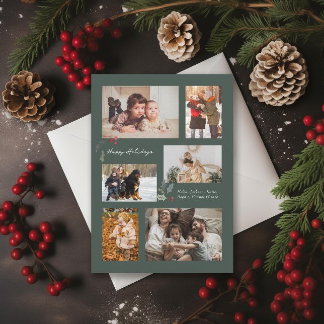 Touch of Holly Minimal Photo Collage Green Holiday Card (Creator Uploaded)
