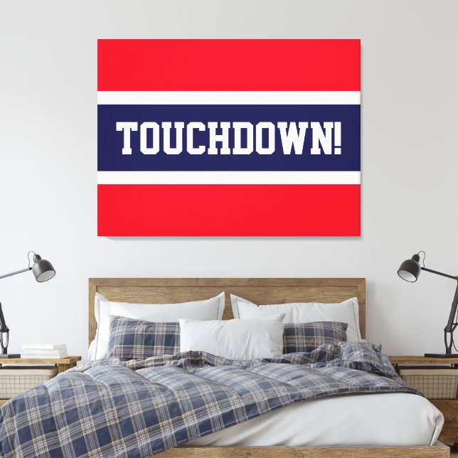 TOUCHDOWN Bright Red White Navy Blue Stripes Canvas Print (Insitu(Bedroom))