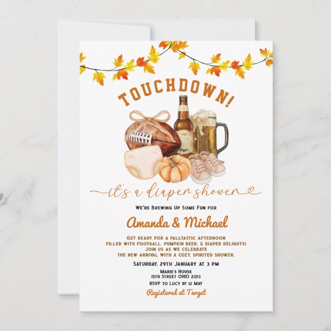 Touchdown it's a diaper shower Pumpkin Beer Fall Invitation (Front)