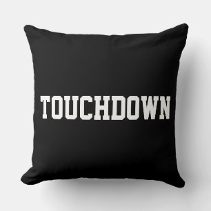 TOUCHDOWN Sporty White Football Text On Bold Black Throw Pillow