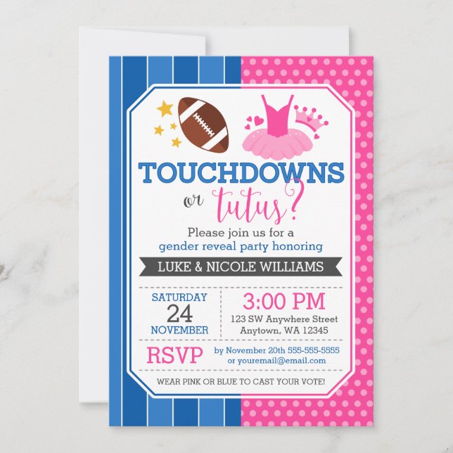 Touchdowns or Tutus Blue Pink Gender Reveal Party Invitation (Front)