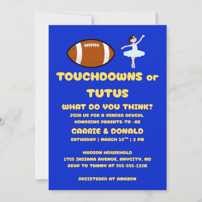 Touchdowns or Tutus Gender Reveal Party Invitation (Front)