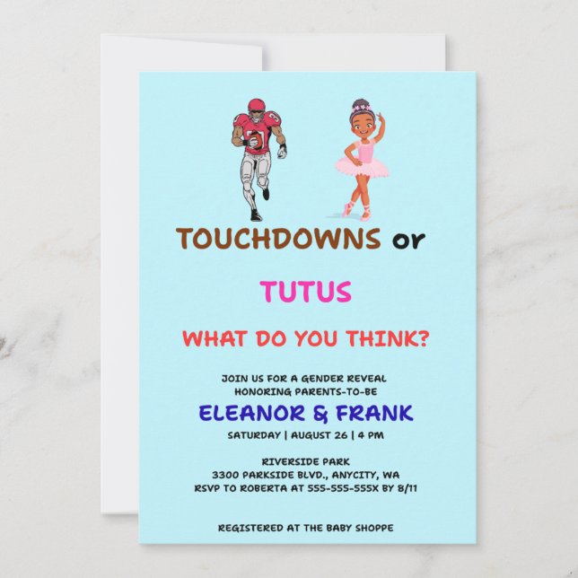 Touchdowns or Tutus gender reveal party Invitation (Front)