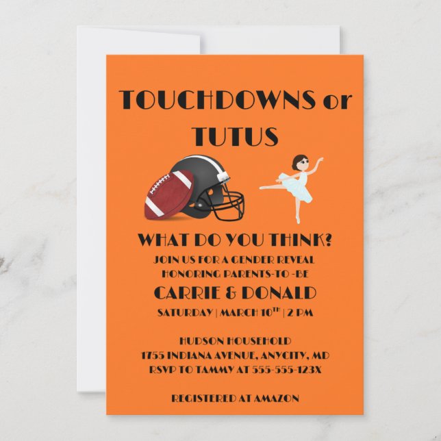 Touchdowns or Tutus gender reveal party Invitation (Front)