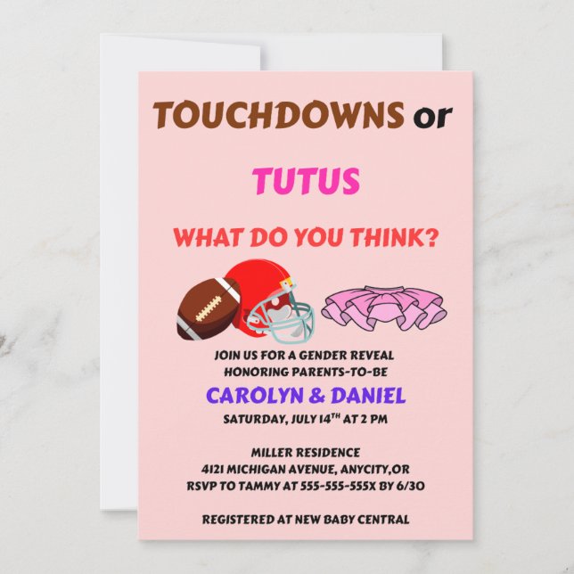 Touchdowns or Tutus Gender Reveal Party Invitation (Front)