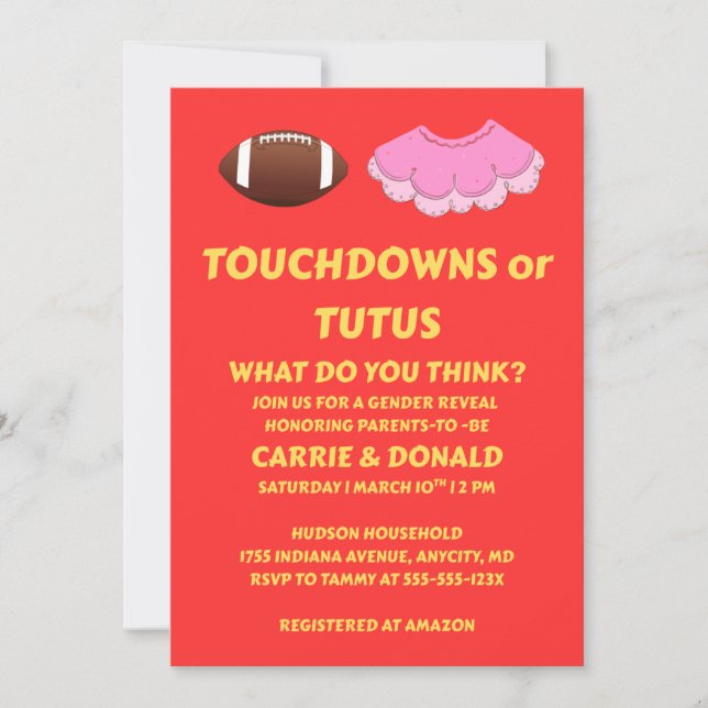 Touchdowns or Tutus gender reveal party  Invitation (Front)