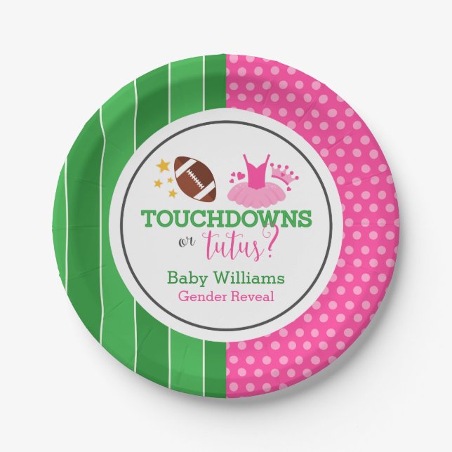 Touchdowns or Tutus Gender Reveal Party Paper Plate (Front)