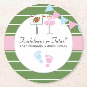 Touchdowns or Tutus Gender Reveal Party Round Paper Coaster
