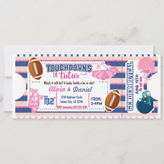 Touchdowns ou Tutus Invitation - bleu ou rose (Devant)