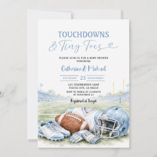 Touchdowns Tiny Toes Blue Football Baby Shower Invitation