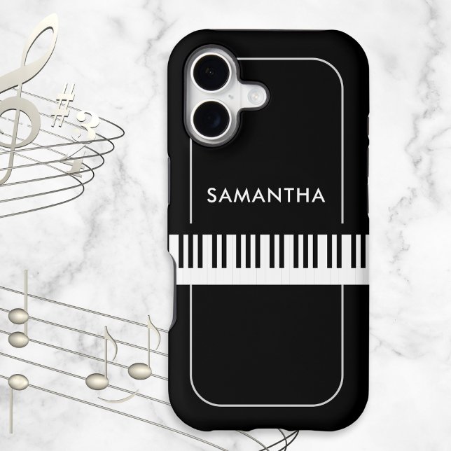 Touches de piano noir et blanc Personnalisé pour m (A black and white phone case with piano keys design and personalized name)