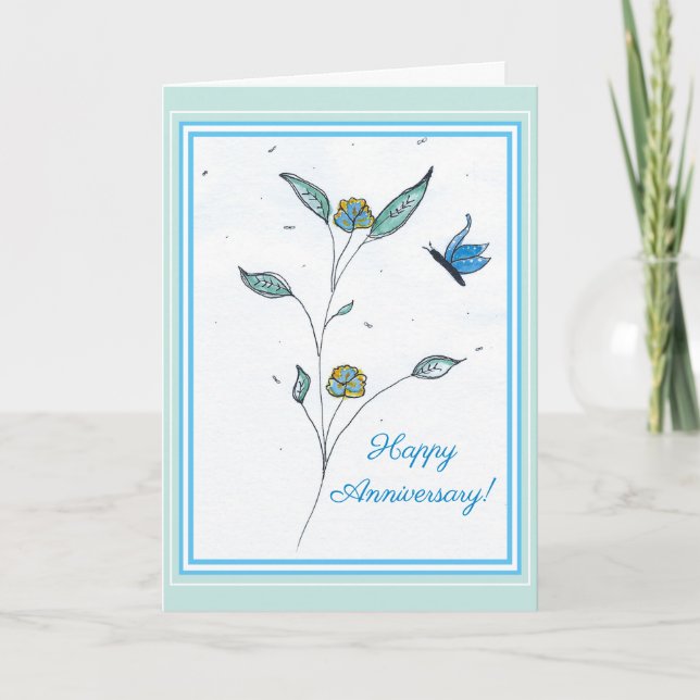 Touching Blue Butterfly Anniversary Greeting Card  (Front)