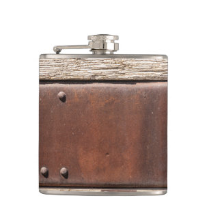 Tough brown look of iron, rivets, leather & wood hip flask