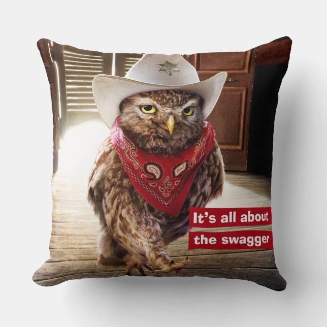 Tough Western Sheriff Owl with Attitude & Swagger Throw Pillow (Front)