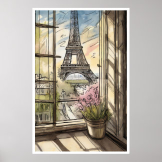 Tour Eiffel à travers une affiche fenêtre