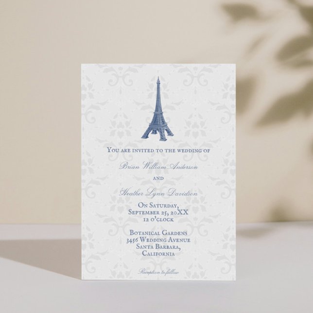 Tour Eiffel bleu Mariage damassé Invitation (Blue Eiffel Tower Damask Wedding Invitation)