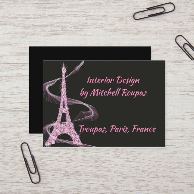 Tour Eiffel carte de visite en diamants roses Faux (Devant/Arrière en situation)