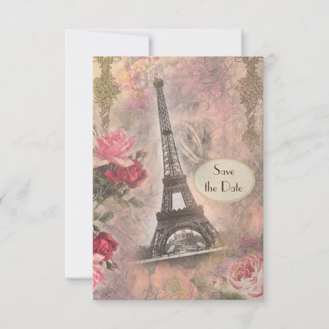Tour Eiffel et Roses Shabby Chic Faire-Part de Fai (Devant)