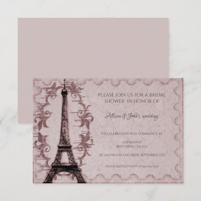 Tour Eiffel rose Invitation de douche nuptiale (Devant / Derrière)