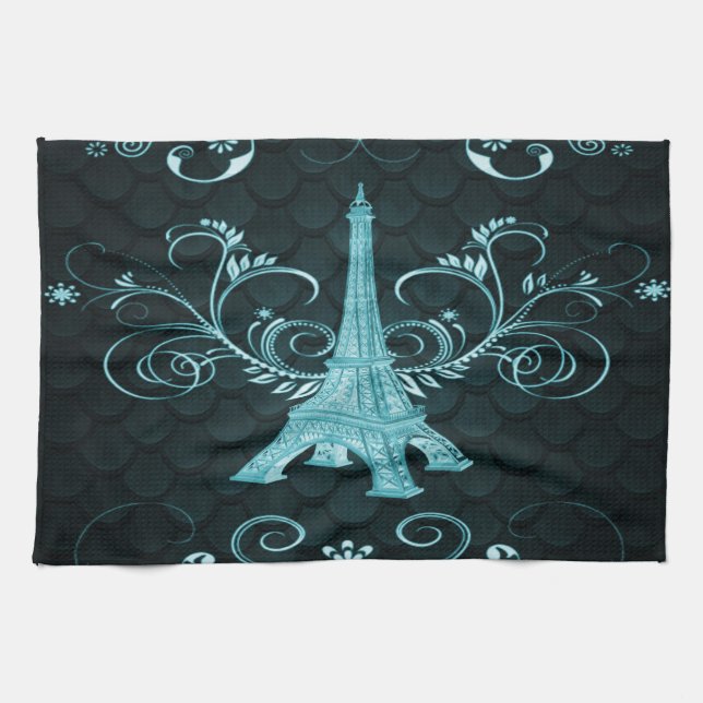 Tour Eiffel Turquoise Floral Fils Serviettes de cu (Horizontal)