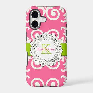Tourbillons de fleurs rose chaud et vert citron Mo