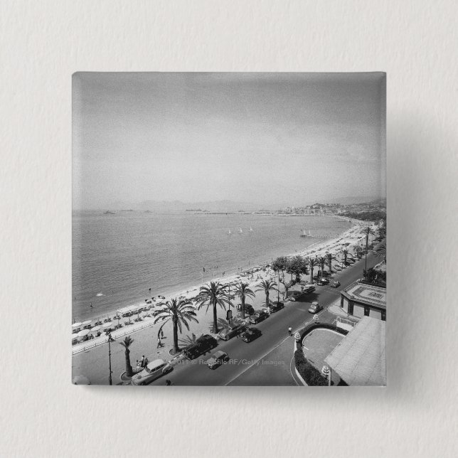 Tourist complex view at seashore B&W 2 Inch Square Button (Front)