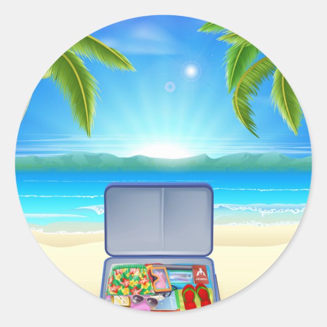 Tourist Suitcase on Tropical Beach Classic Round Sticker (Front)