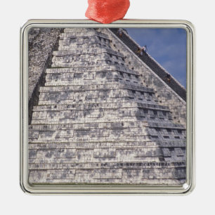 Tourists climbing stairs of El Castillo, stone Metal Ornament